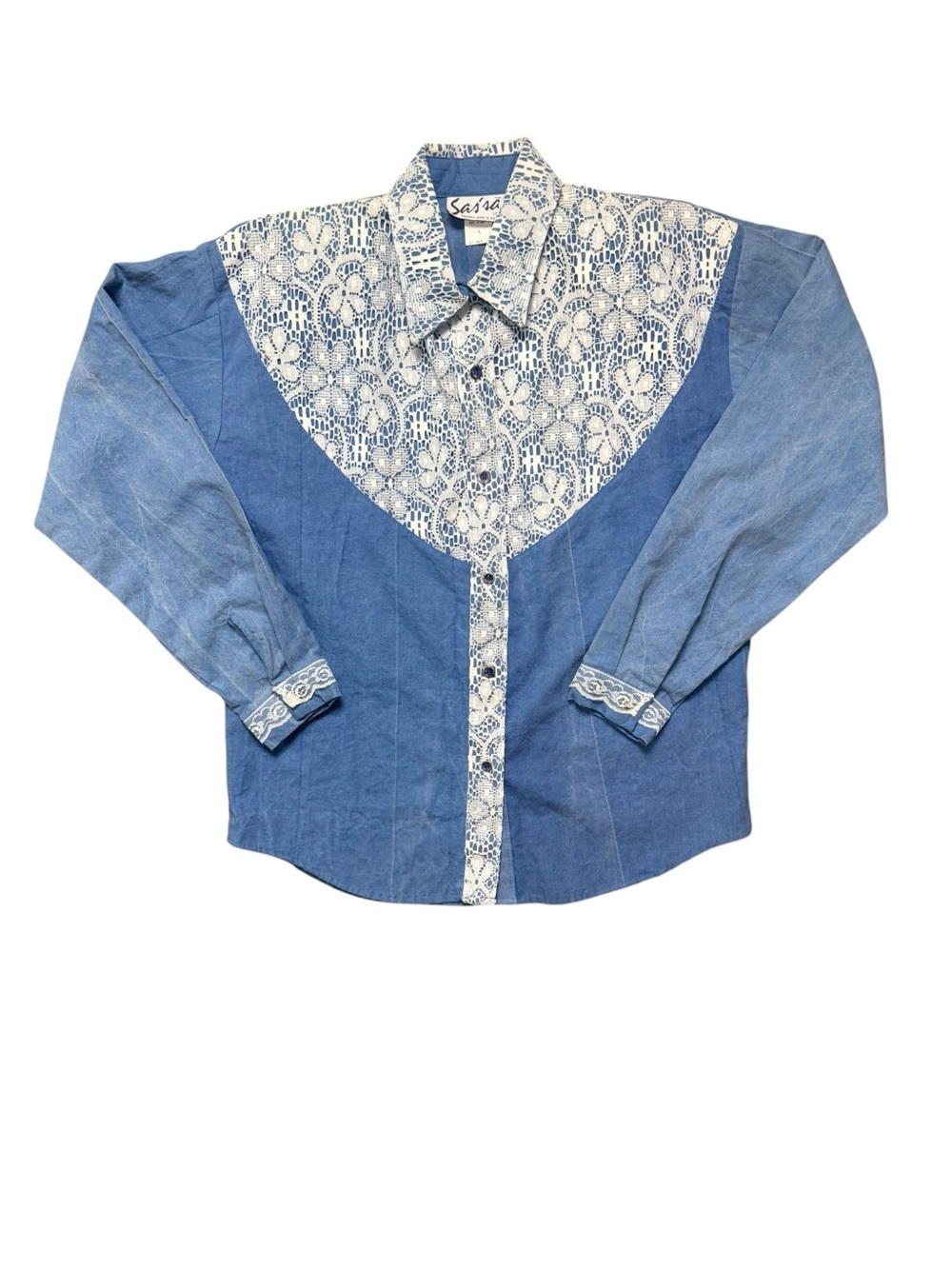 Vintage 80s Saísa Western Lace Bib Shirt Blue Made USA Medium - Picture 2 of 8